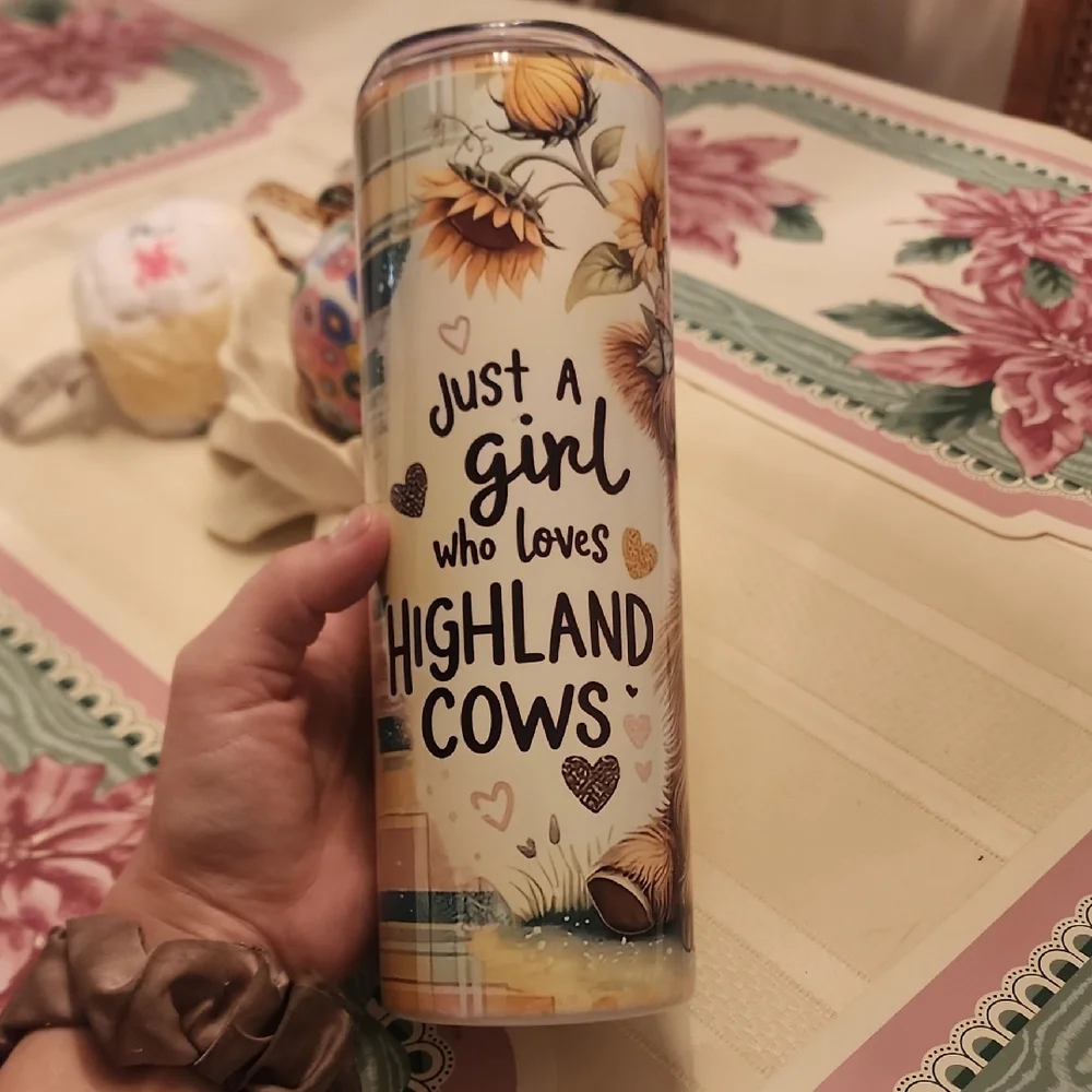 Sunflowers And Highland Cow Tumbler 20oz Stainless Steel, Wash By Hand Only